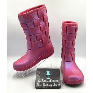 Rare Crocs Women’s Pink Glitter Braided Woven Tall Rain Snow Boots Sz 6 3182